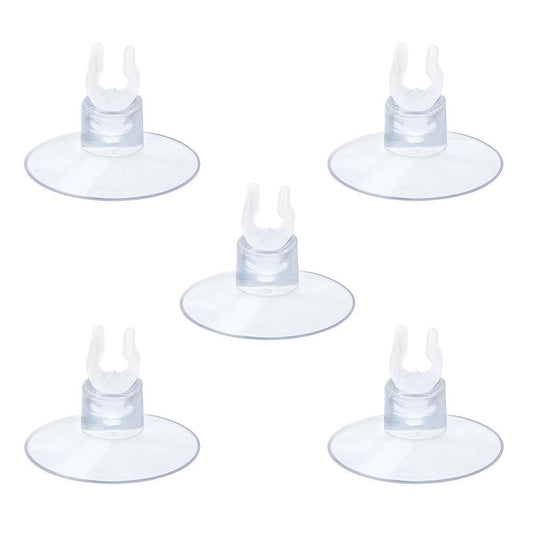 “Five clear aquarium suction cup clips evenly arranged on a white background, used to hold airline tubing securely inside fish tanks for air stones or sponge filters.