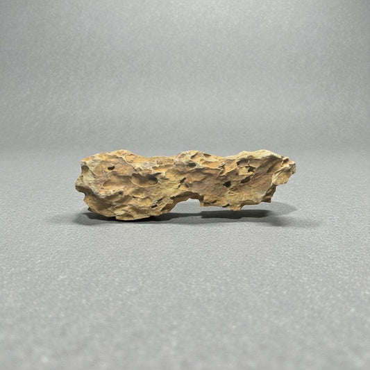 Dragon stone (ohko stone) with rugged, porous, warm tan texture, displayed on a smooth gray background for aquarium aquascaping.