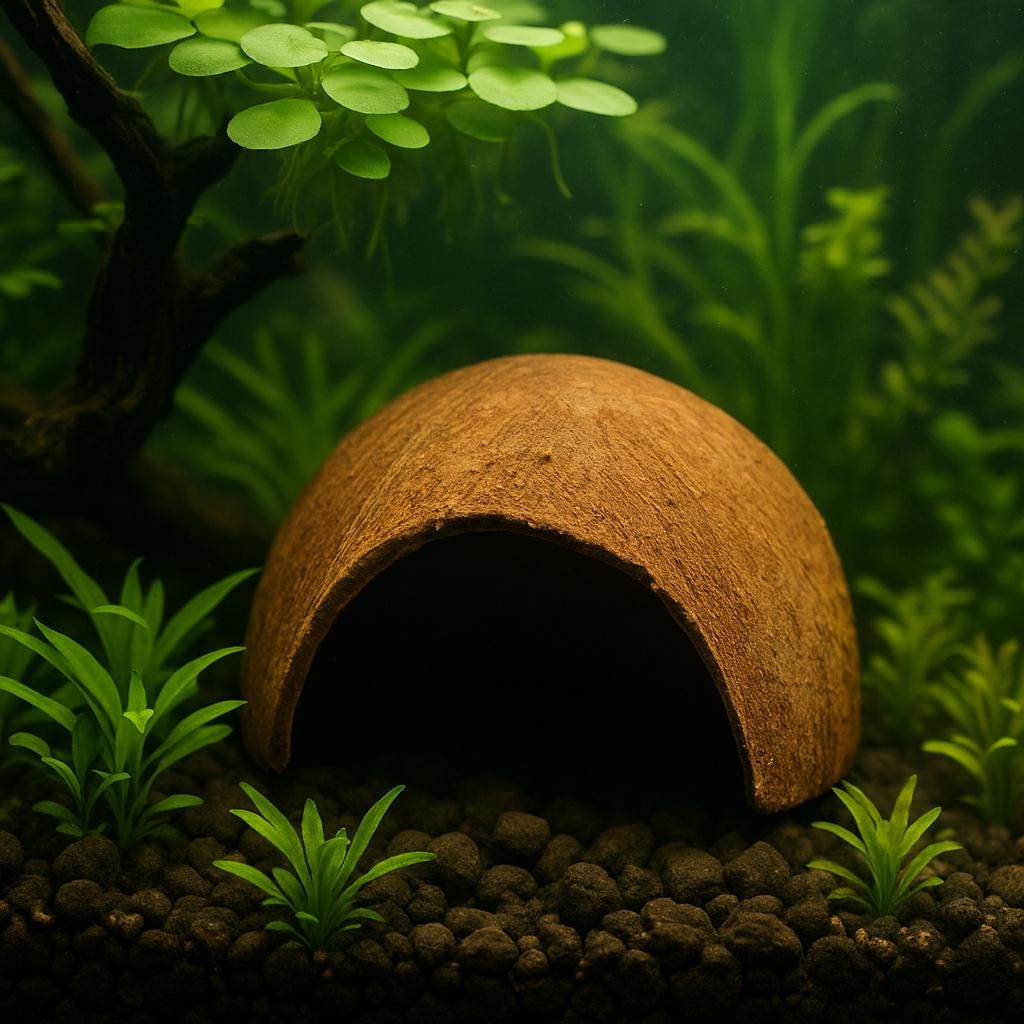 Coconut shell aquarium cave placed on dark substrate in a planted tank, surrounded by lush green aquatic plants and floating leaves above, creating a natural hiding spot for fish and shrimp.