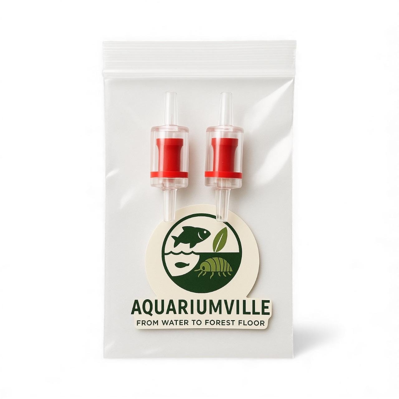 Two red aquarium check valves packaged inside a small clear plastic bag with an AquariumVille circular logo sticker displaying a fish, plant, and isopod. Product on a bright white background for retail presentation.
