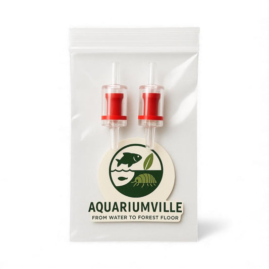 Two red aquarium check valves packaged inside a small clear plastic bag with an AquariumVille circular logo sticker displaying a fish, plant, and isopod. Product on a bright white background for retail presentation.