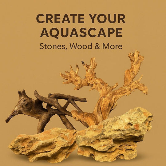 Promotional image featuring the text “Create Your Aquascape – Stones, Wood &amp; More” above natural aquarium decor pieces including driftwood and dragon stones on a warm tan background — showcasing materials for aquascaping and aquarium design.
