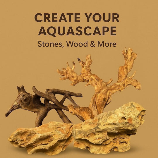 Promotional image featuring the text “Create Your Aquascape – Stones, Wood &amp; More” above natural aquarium decor pieces including driftwood and dragon stones on a warm tan background — showcasing materials for aquascaping and aquarium design.