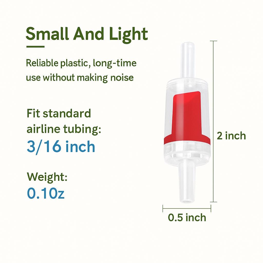 Aquarium air pump check valve with red seal, showing size measurements 2 inches by 0.5 inch, fits 3/16 inch airline tubing, and weighs 0.1 oz — displayed with olive green and ocean blue brand colors on light background