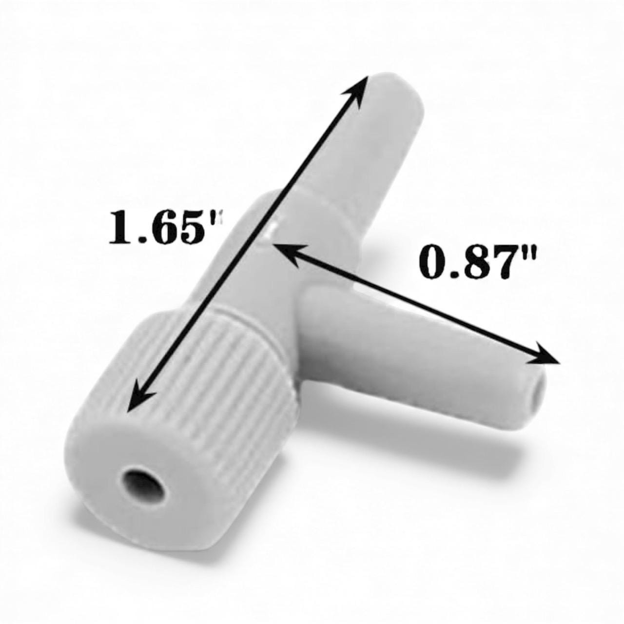 Gray plastic aquarium air flow control valve with adjustable knob, showing measurements of 1.65 inches and 0.87 inches, designed for regulating air pump tubing and airflow to filters or bubblers