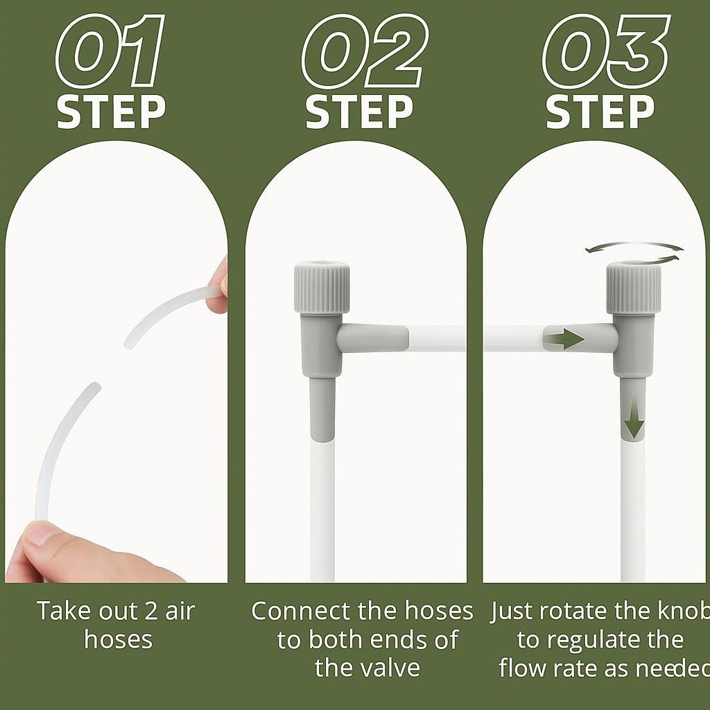 Step-by-step aquarium air valve installation guide showing how to connect airline tubing and adjust airflow using the control knob, displayed with olive green background and labeled steps 1 through 3.