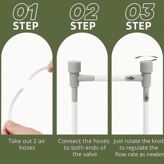 Step-by-step aquarium air valve installation guide showing how to connect airline tubing and adjust airflow using the control knob, displayed with olive green background and labeled steps 1 through 3.