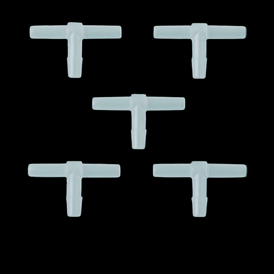 Five transparent T-shaped aquarium airline tubing connectors arranged in a dice-style pattern on an Aqua Mist background (#B7D8D2), shown in a clean, minimalist square composition with soft lighting for an Etsy product photo.