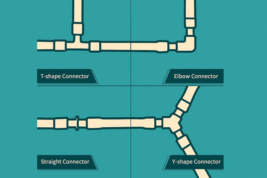 Infographic showing four types of aquarium airline tubing connectors on an ocean blue matte background: T-shape connector, Elbow connector, Straight connector, and Y-shape connector, each illustrated in beige with labeled dark teal nameplates in a clean modern layout.