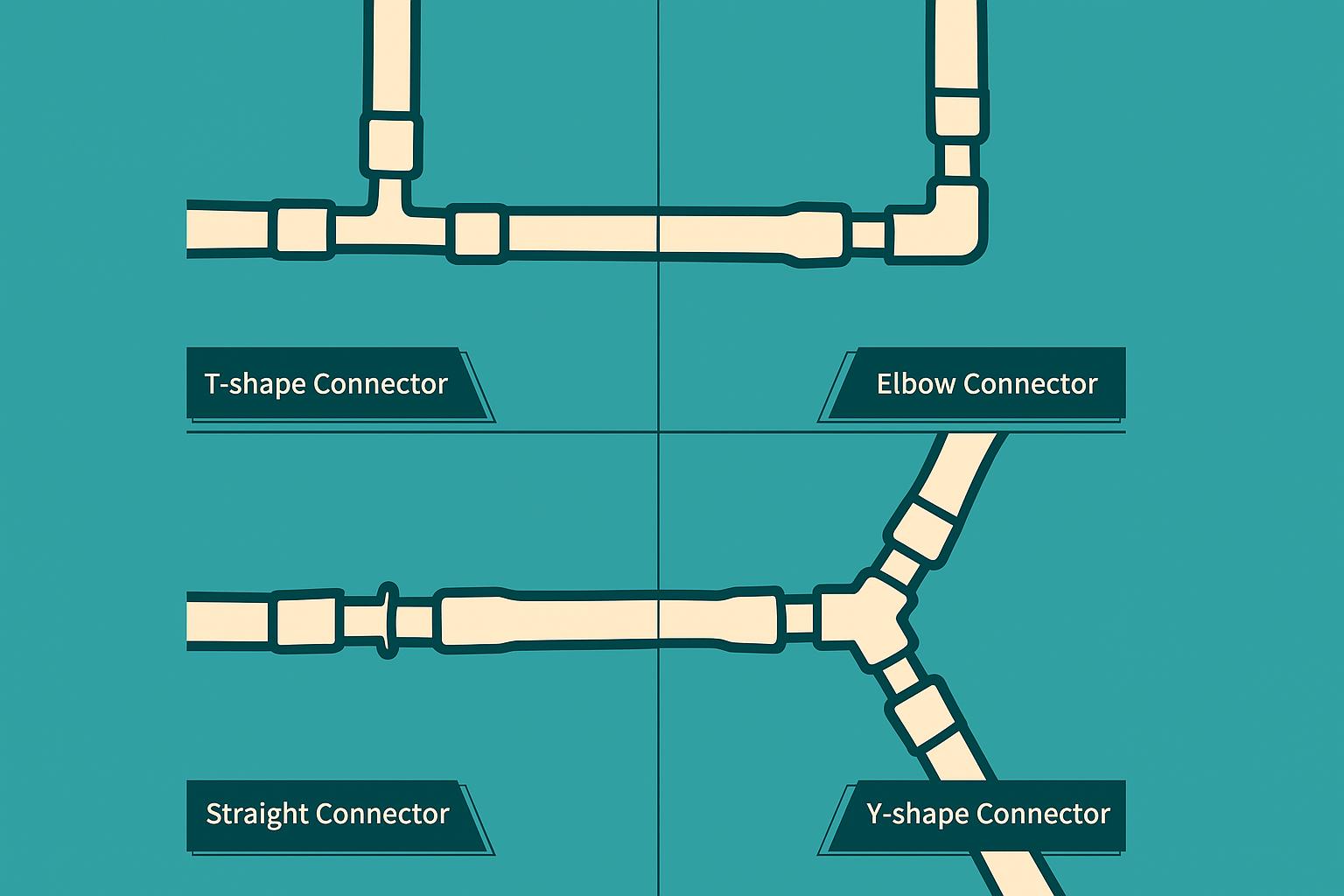 Infographic showing four types of aquarium airline tubing connectors on an ocean blue matte background: T-shape connector, Elbow connector, Straight connector, and Y-shape connector, each illustrated in beige with labeled dark teal nameplates in a clean modern layout.