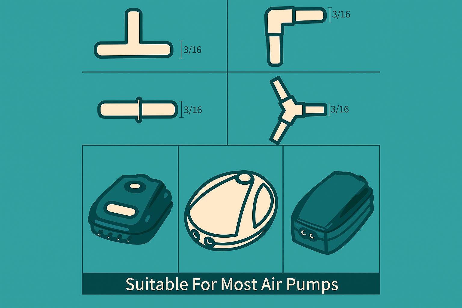 Infographic showing four types of aquarium airline tubing connectors (T, Elbow, Straight, Y) labeled with 3/16” size above illustrations of three compatible air pumps on an ocean blue matte background, with text reading “Suitable For Most Air Pumps” in a modern, clean layout.
