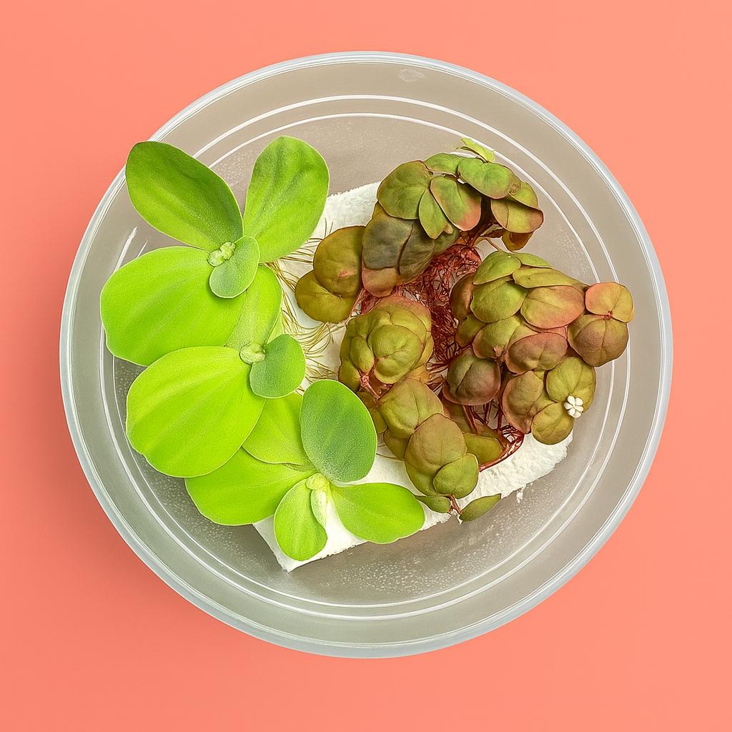 Top-down view of a round deli cup containing live floating aquarium plants, including bright green water lettuce and reddish-green red root floaters, placed against a soft coral blush background. Water droplets and plant roots are visible through the clear container.