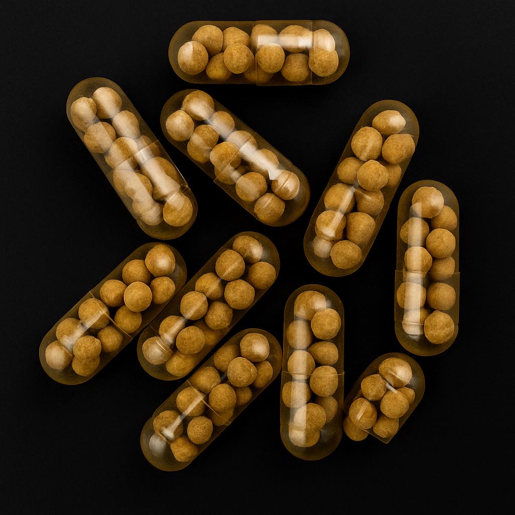 Close-up of aquarium root tab capsules filled with golden-brown nutrient pellets, neatly arranged on a matte black background with clear lighting and detail.
