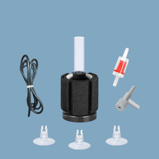 A small aquarium sponge filter kit displayed on a blue background, including a black cylindrical sponge filter with lift tube, a length of airline tubing, a red one-way check valve, a gray air control valve, and three clear suction cup clips.