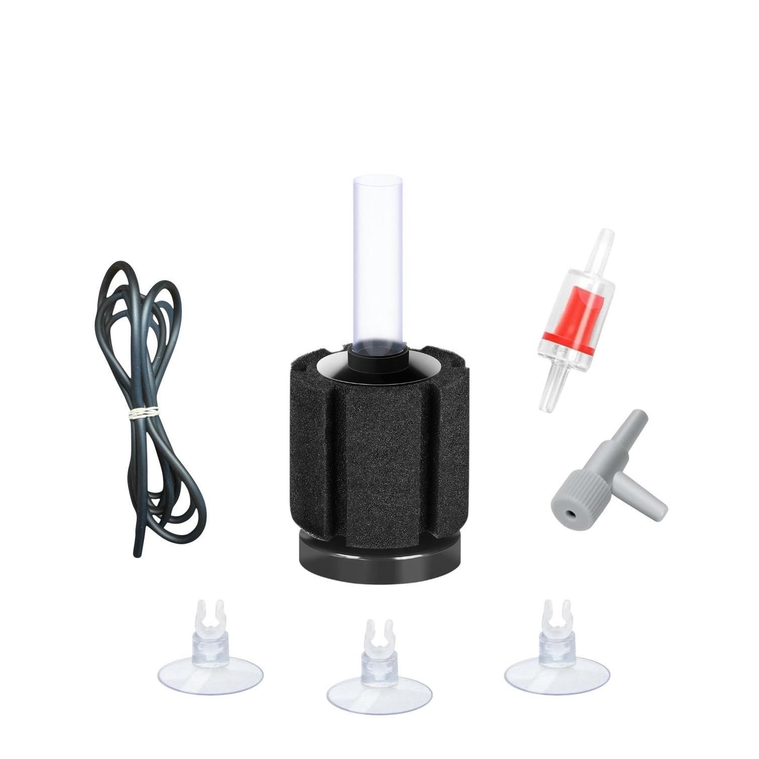 Aquarium sponge filter kit on a white background, featuring a black cylindrical sponge filter with lift tube, airline tubing, a red check valve, a gray air control valve, and three clear suction cup clips arranged neatly.