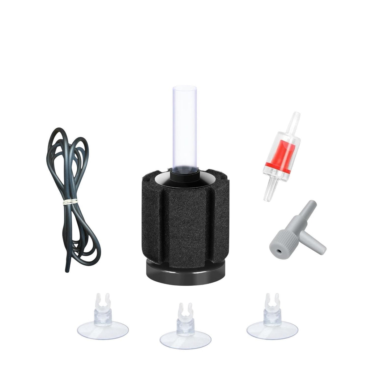 Aquarium sponge filter kit on a white background, featuring a black cylindrical sponge filter with lift tube, airline tubing, a red check valve, a gray air control valve, and three clear suction cup clips arranged neatly.
