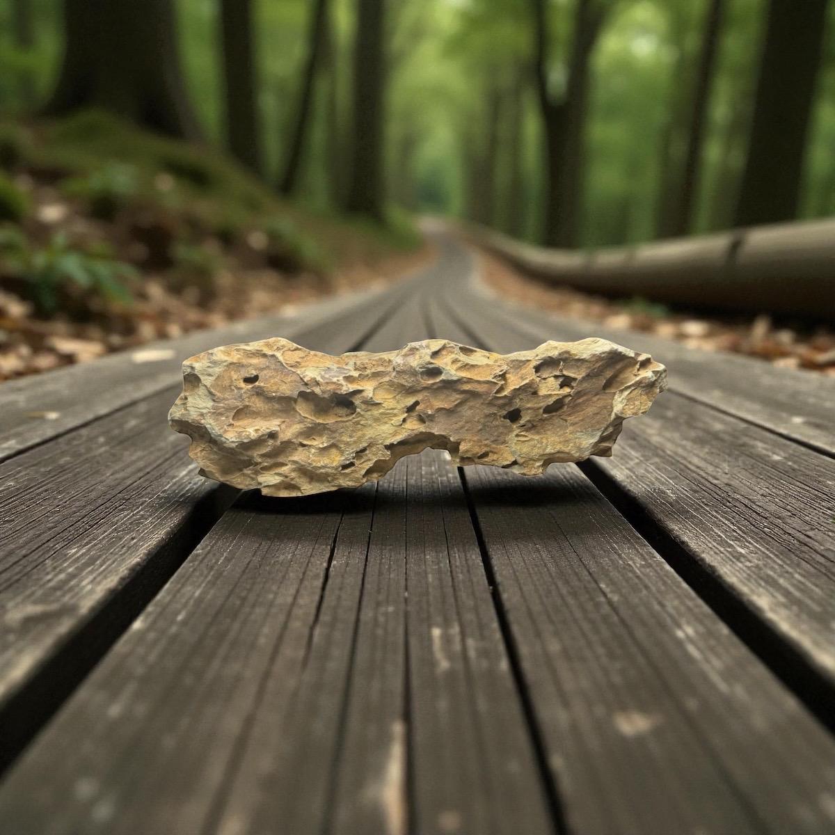 Dragon stone (ohko stone) with rugged, textured surface and warm tan coloration, displayed on wooden planks with a blurred forest path in the background for aquarium aquascaping.