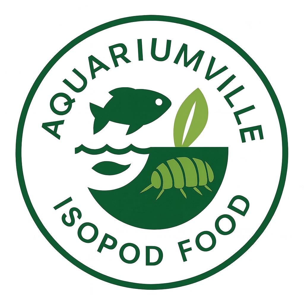 AquariumVille Isopod Food circular logo featuring a fish, leaf, and green isopod inside a round badge.