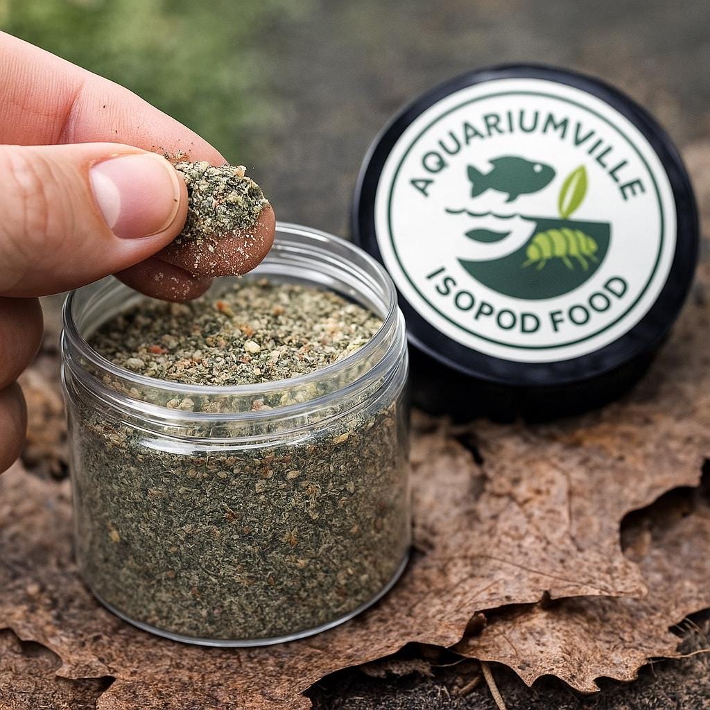 Hand pinching a small serving of AquariumVille isopod food over an open jar, with the product lid and leaf litter in the background.