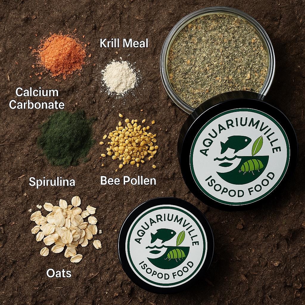 “Flatlay of AquariumVille Isopod Food with an open jar on soil, surrounded by scattered ingredient piles labeled oats, spirulina, bee pollen, krill meal, nutritional yeast, and calcium carbonate.