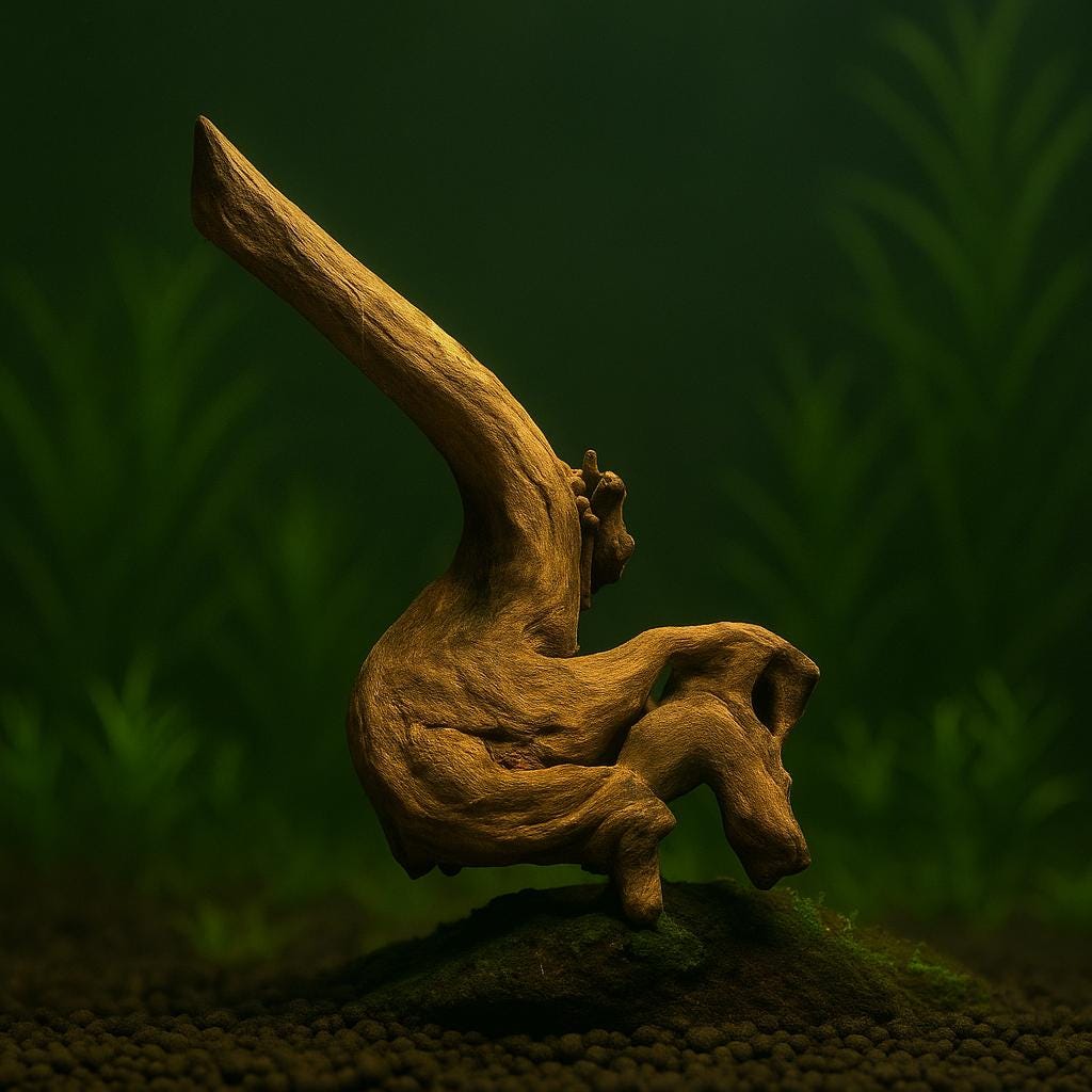 Natural driftwood centerpiece positioned on aquarium substrate with soft green plants blurred in the background, creating a dark, moody aquascape with open negative space.
