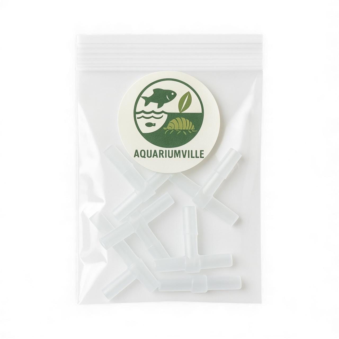 Clear plastic bag containing ten translucent aquarium airline T-connectors with an AquariumVille circular logo sticker on the front, displayed on a bright white background.