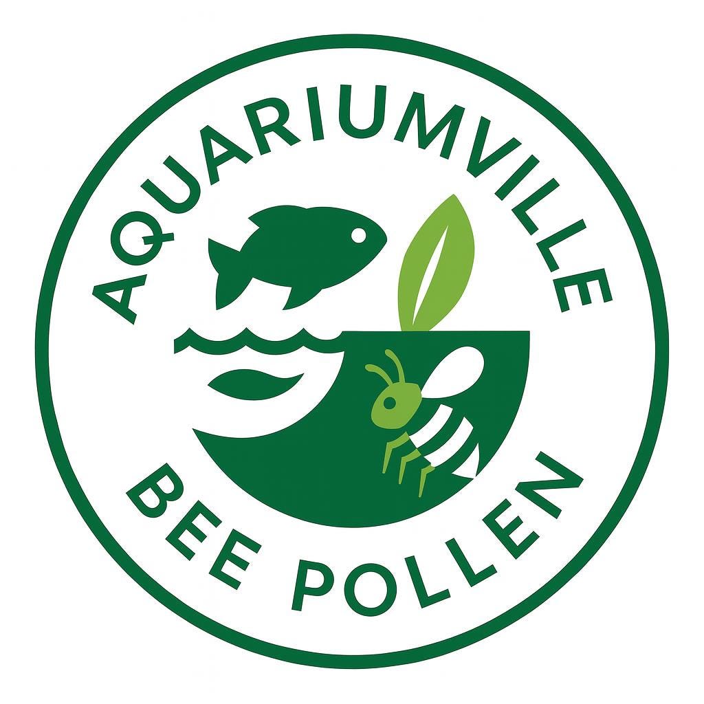 A green and white circular AquariumVille label featuring a fish, leaf, and bee illustration with the text “Bee Pollen.
