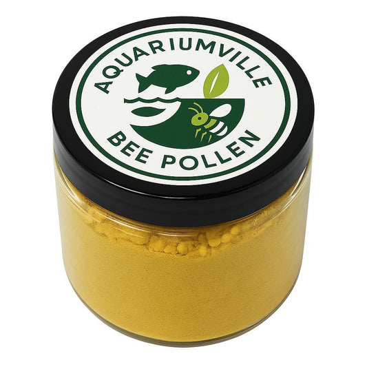 Clear jar filled with golden yellow bee pollen powder, topped with a black lid featuring the AquariumVille Bee Pollen label, displayed on a clean white background.