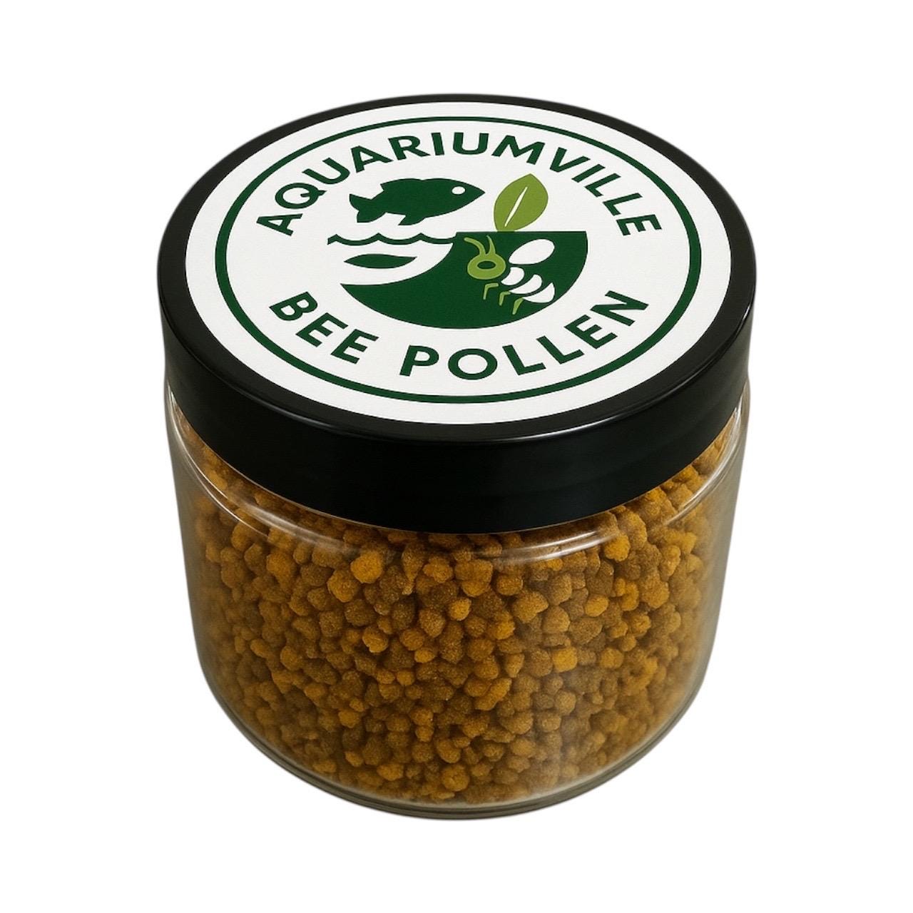 AquariumVille Bee Pollen granules shrimp food in a clear jar with branded logo lid.