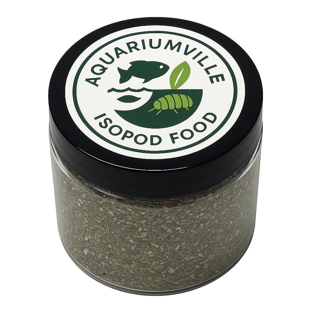AquariumVille Isopod Food in a clear plastic jar with a black lid featuring the green fish and isopod logo on top.