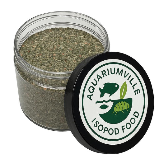 AquariumVille Isopod Food in a clear plastic jar with black lid, showing green nutrient mix inside and a white circular label with fish and isopod logo.