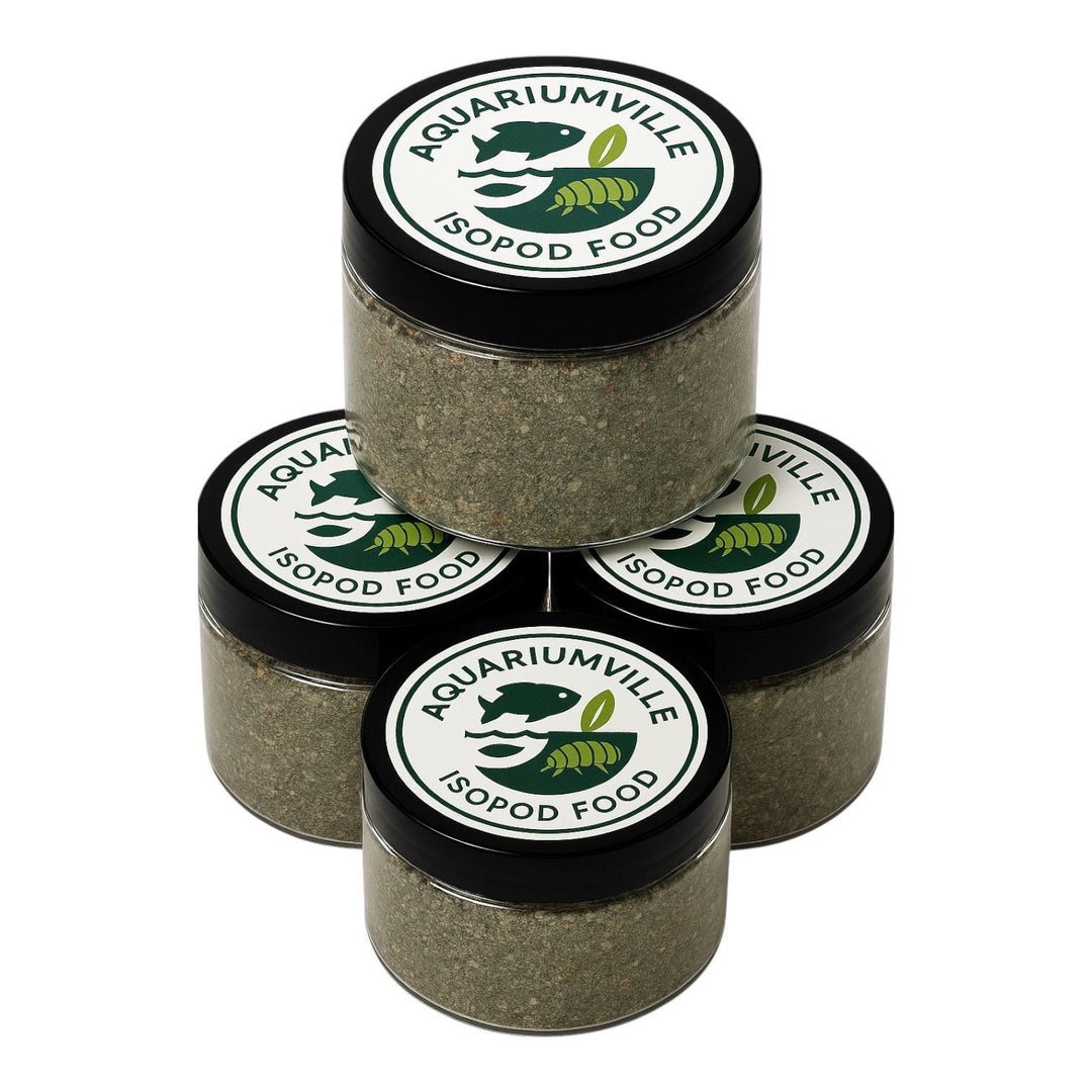 Stacked jars of AquariumVille Isopod Food arranged in a pyramid, showing the branded lids and green nutrient mix inside.