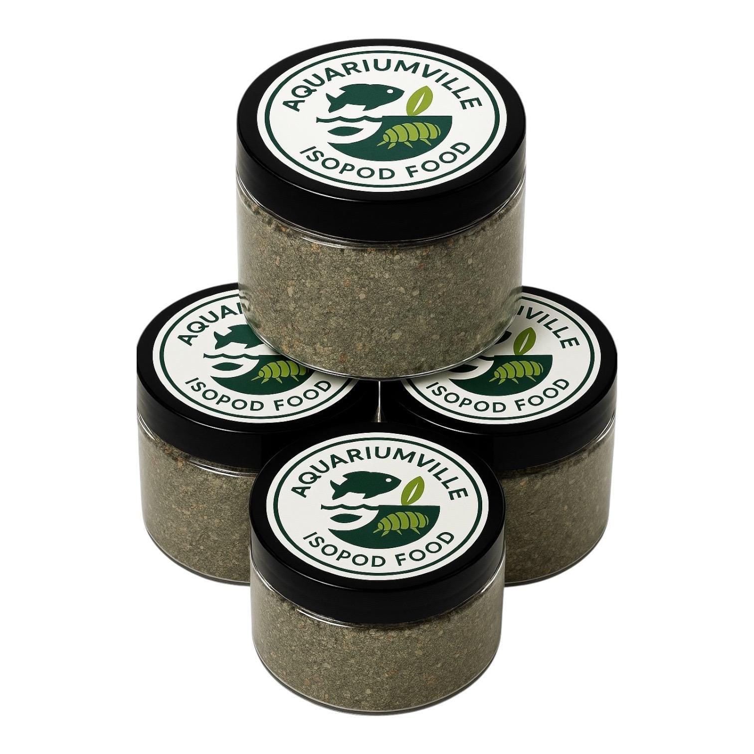 Stacked jars of AquariumVille Isopod Food arranged in a pyramid, showing the branded lids and green nutrient mix inside.