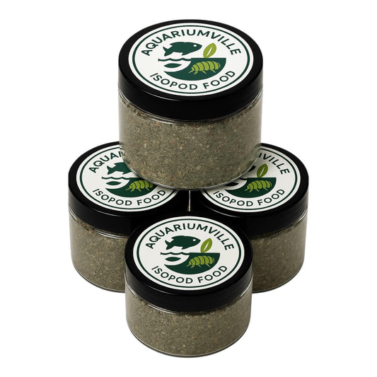 Stacked jars of AquariumVille Isopod Food arranged in a pyramid, showing the branded lids and green nutrient mix inside.