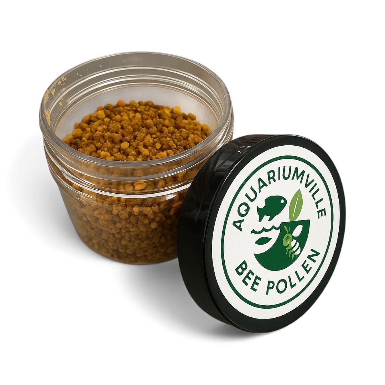 AquariumVille Bee Pollen granules shrimp food in an open jar with branded lid displayed beside it.