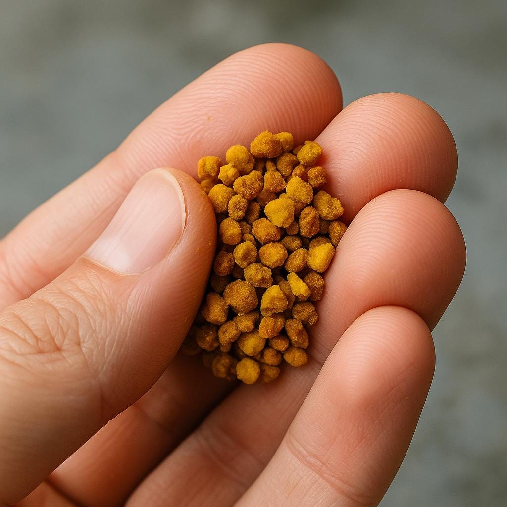 Bee pollen granules for shrimp food shown close-up in hand, highlighting natural texture.