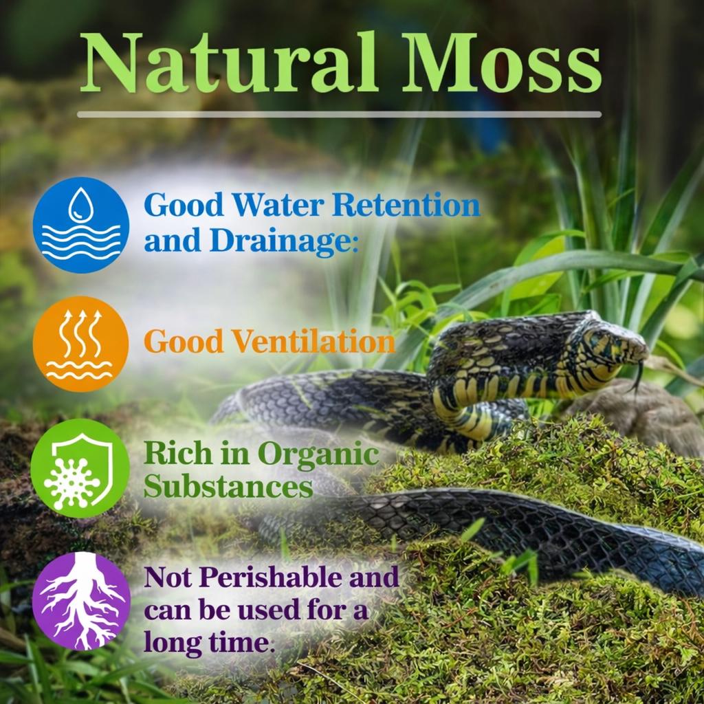Natural moss infographic with colorful icons highlighting water retention, ventilation, organic richness, and long-lasting use over a moss-covered habitat background