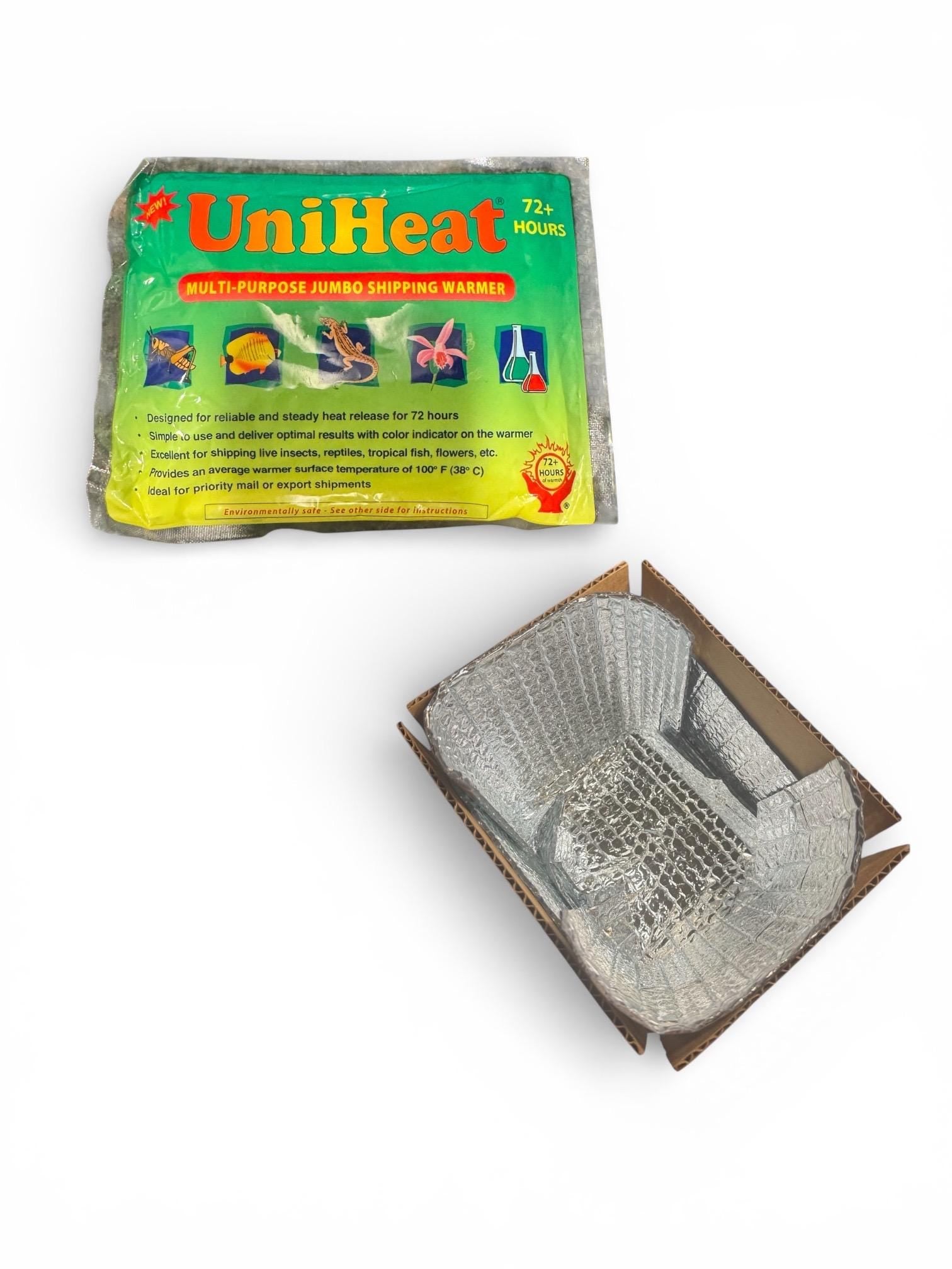 UniHeat 72+ hour jumbo shipping warmer heat pack shown with an insulated silver bubble liner in a cardboard box on a white background.