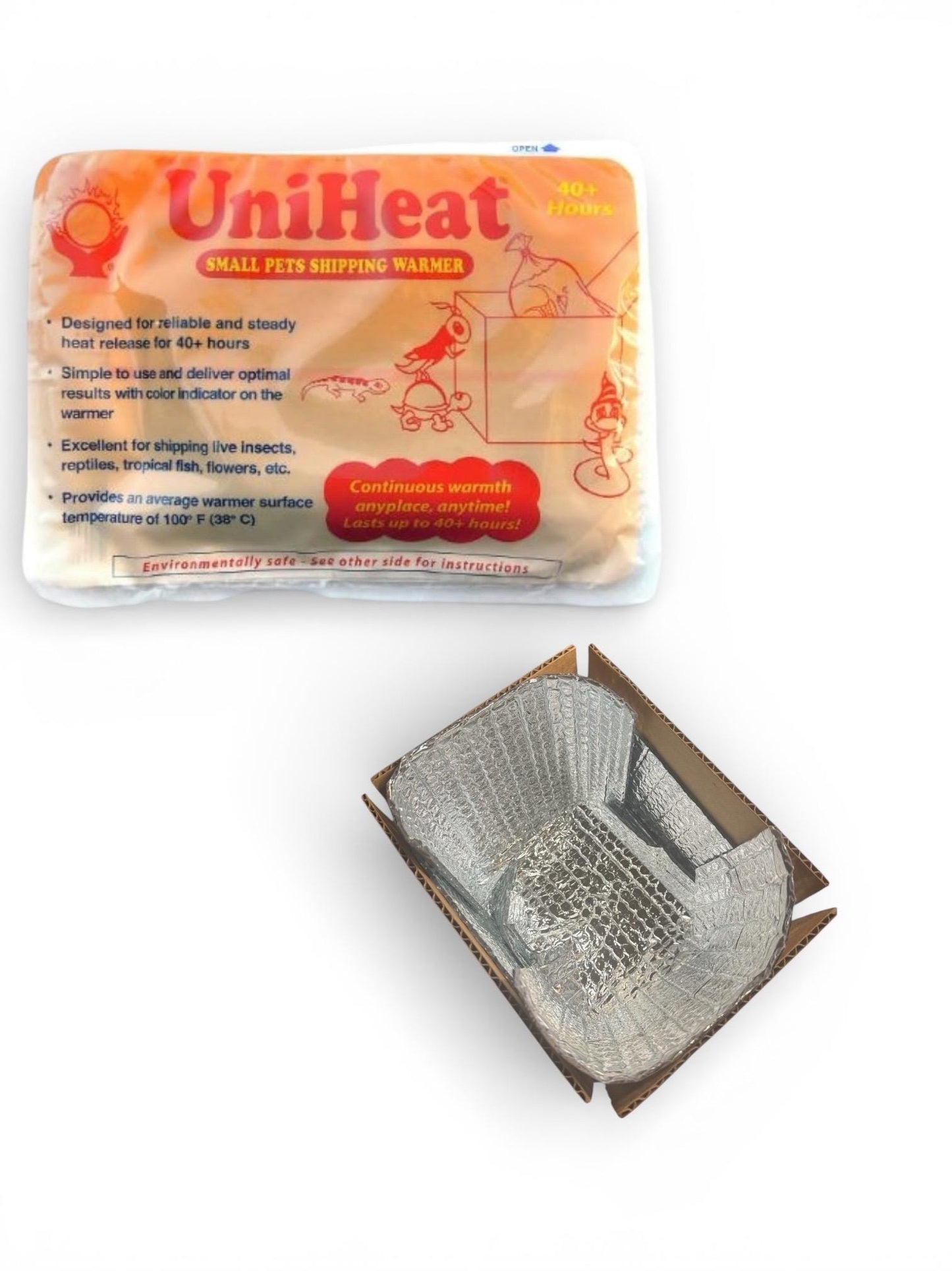 UniHeat 40+ hour shipping warmer heat pack shown with an insulated silver bubble mailer/box liner on a white background.