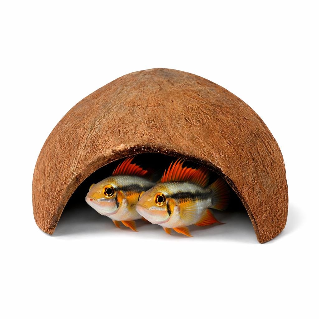 Coconut shell cave with pair of Apistogramma cacatuoides inside, natural breeding and shelter cave for aquariums