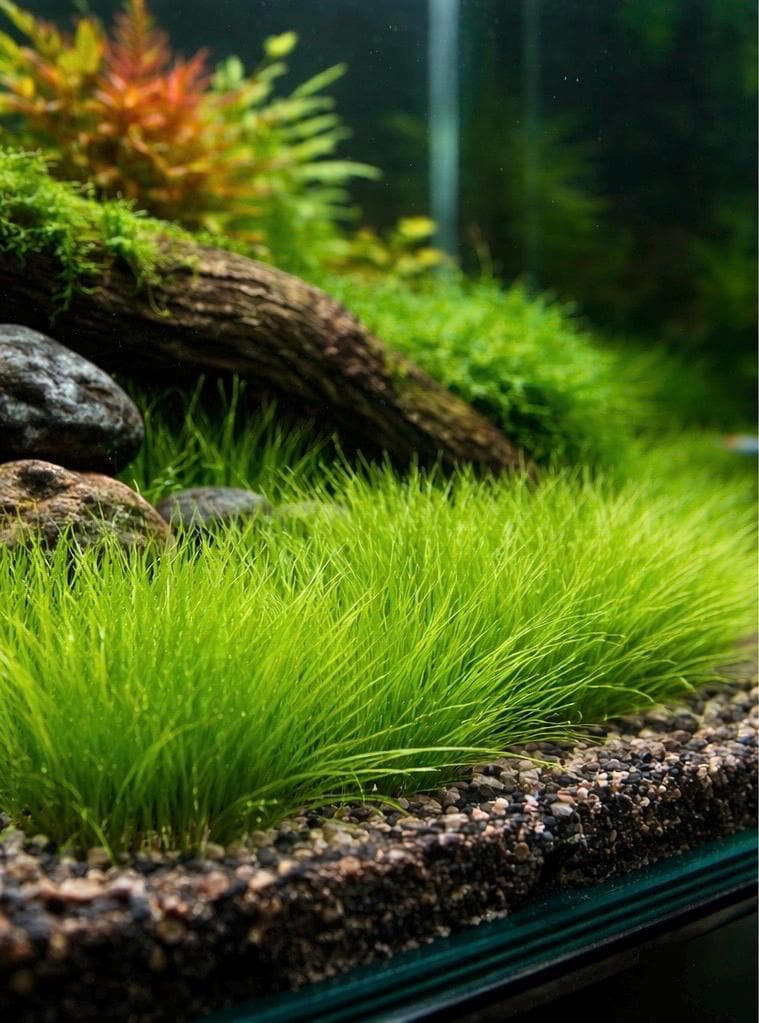 Lush Dwarf Hair Grass carpet growing in a planted freshwater aquarium with natural rocks and driftwood, vibrant green foreground plant ideal for aquascaping, shrimp tanks, and nano aquariums.