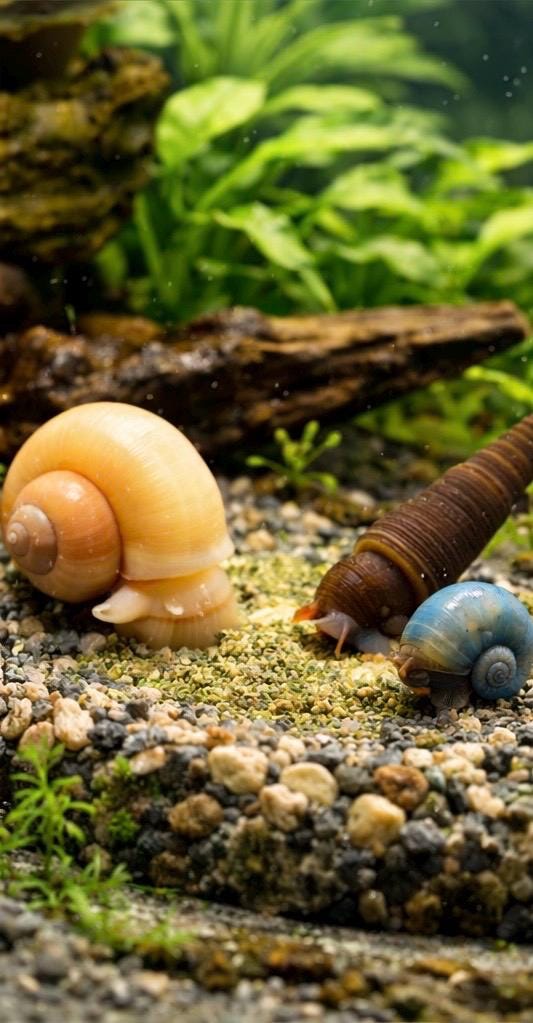 Aquarium snails feeding on SnailFuel Powder on substrate, calcium enriched snail food for freshwater aquariums