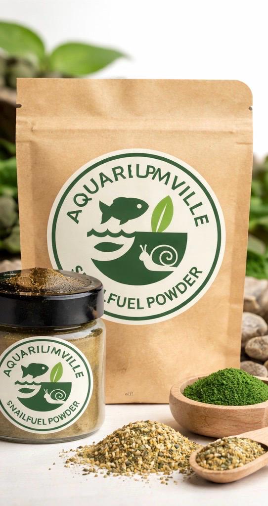 AquariumVille SnailFuel Powder with jar and kraft pouch, calcium enriched snail and shrimp food with powder and ingredient display for aquariums