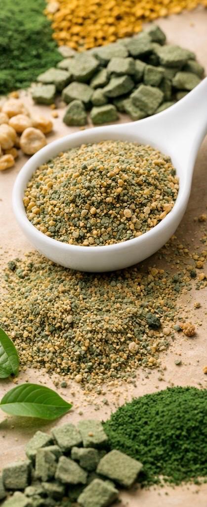 Close-up of SnailFuel Powder with algae wafers, spirulina, and bee pollen ingredients, calcium enriched snail and shrimp food for aquariums