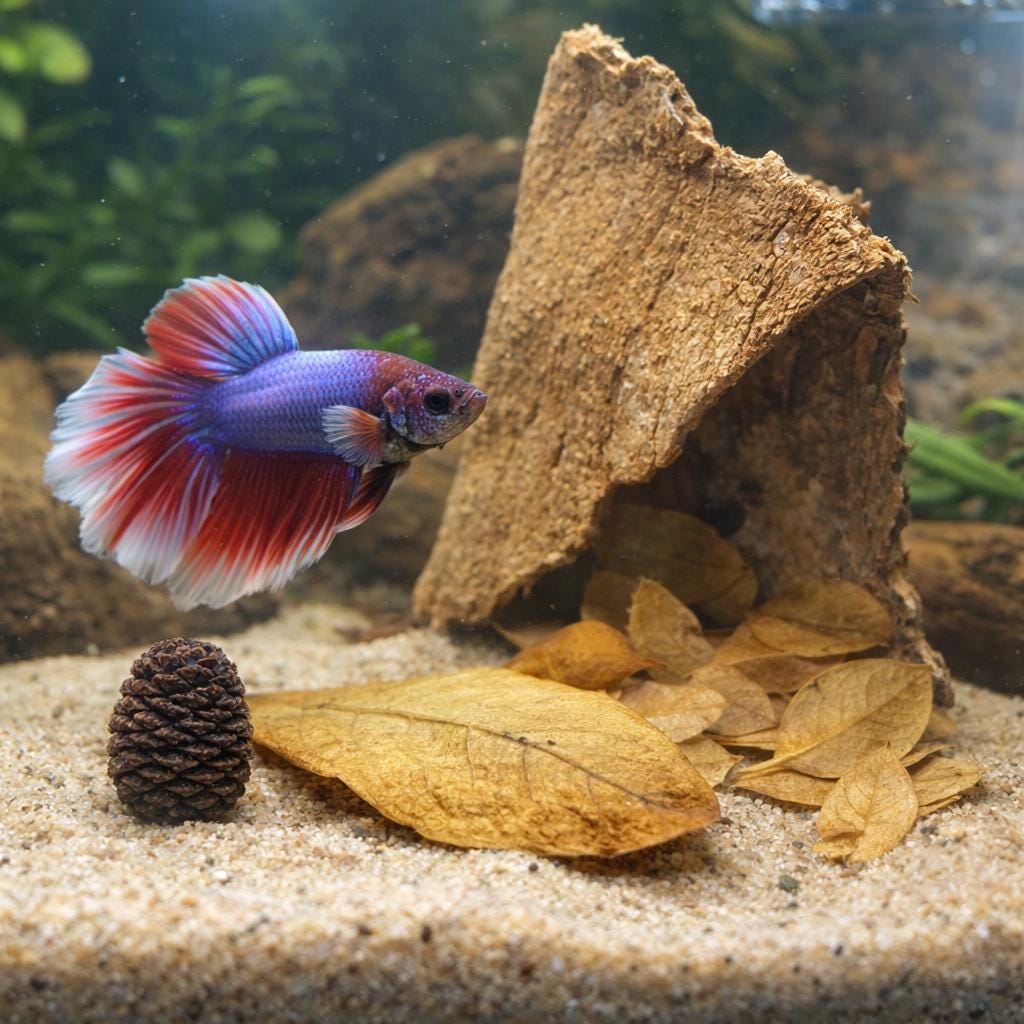 Betta fish with indian almond leaves alder cone and bark natural aquarium botanicals blackwater setup
