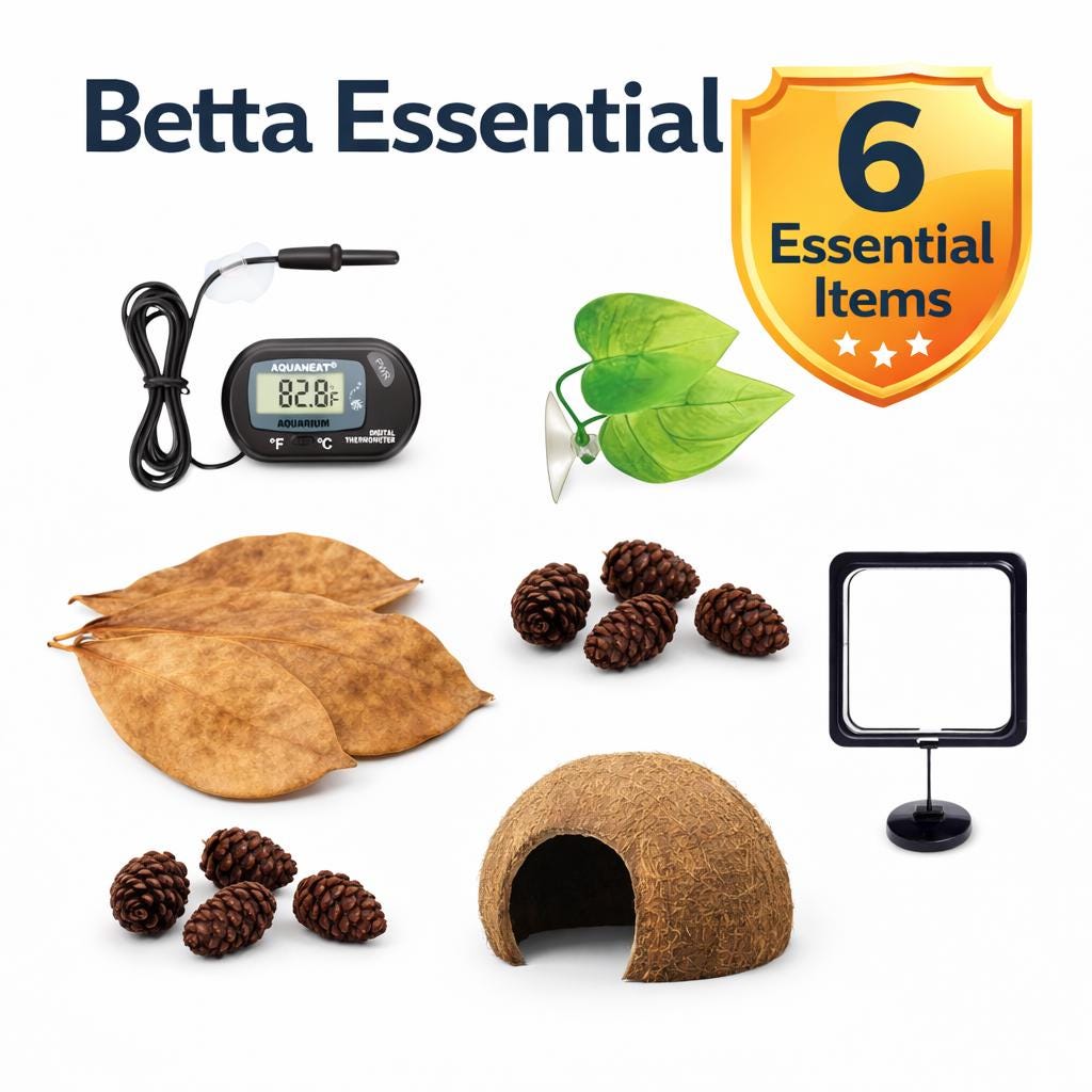 Betta starter kit aquarium bundle almond leaves alder cones coconut cave feeding ring thermometer fish supplies