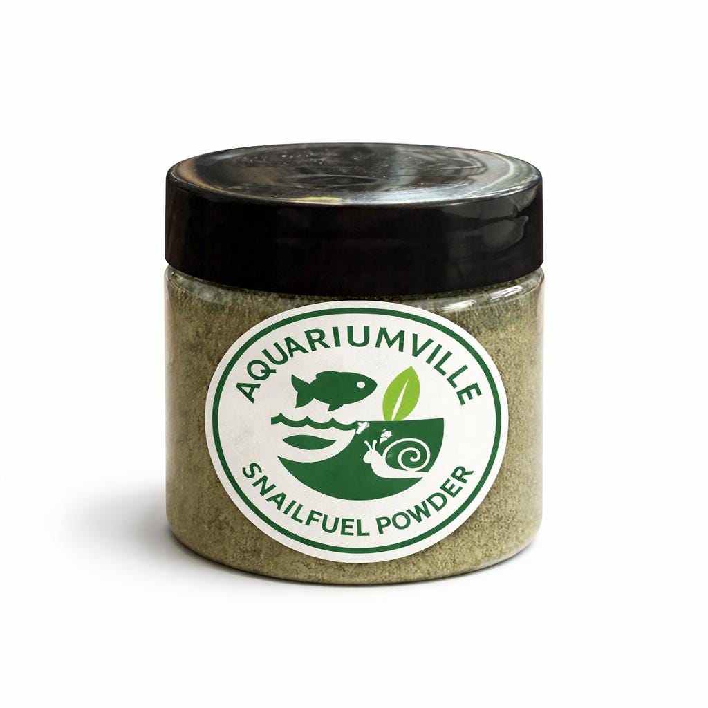 AquariumVille SnailFuel Powder in clear jar with black lid, calcium enriched snail and shrimp food for aquariums, fine powder fish tank supplement