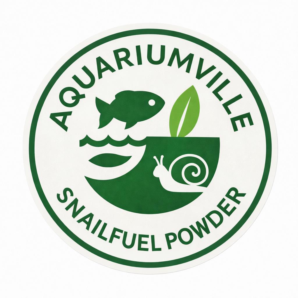 AquariumVille SnailFuel Powder logo with fish, plant, and snail icon in green circular design