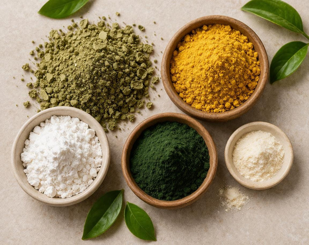 Snail food ingredients including crushed algae wafers, bee pollen powder, calcium powder, spirulina, and garlic powder for aquarium snails and shrimp