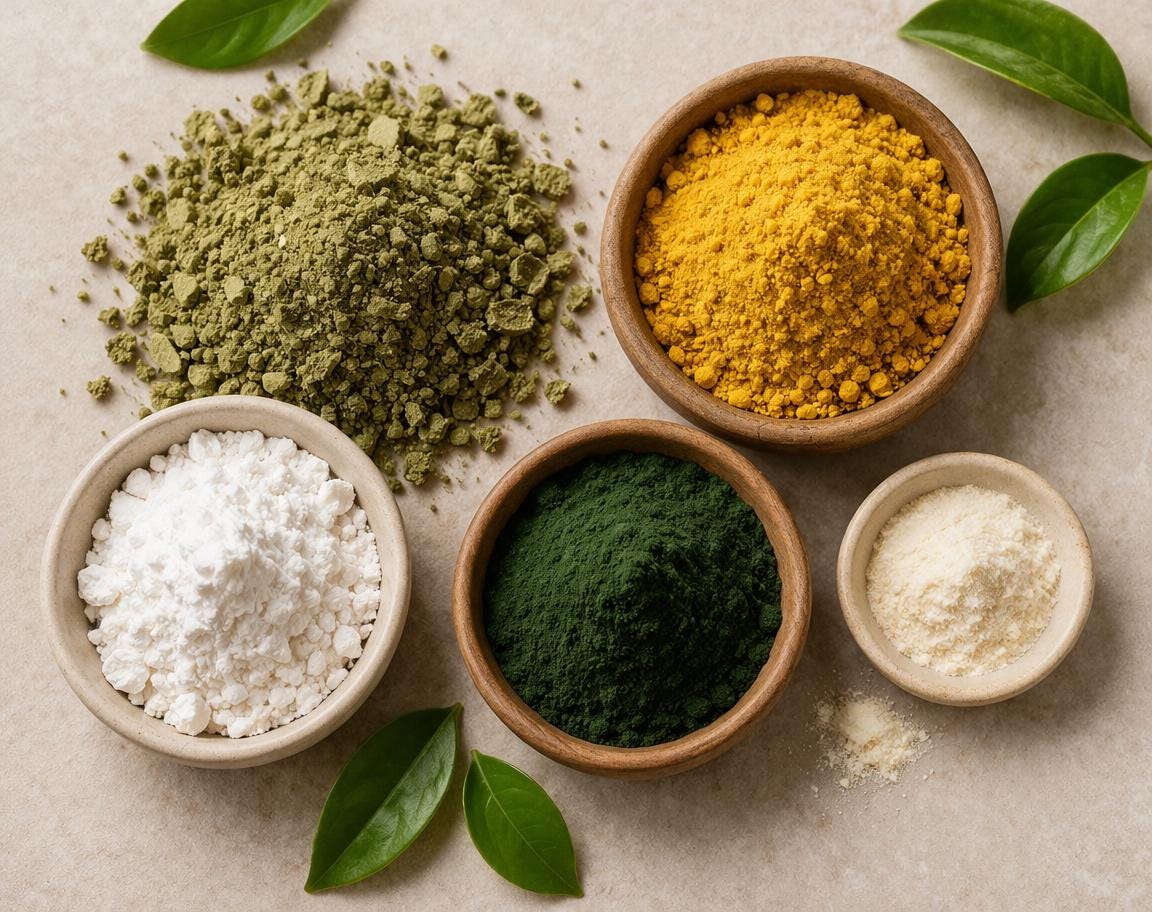 Snail food ingredients including crushed algae wafers, bee pollen powder, calcium powder, spirulina, and garlic powder for aquarium snails and shrimp